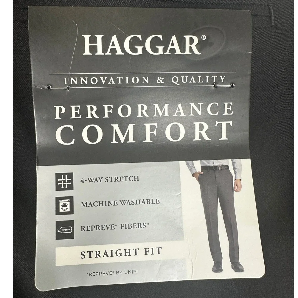 NEW Haggar Pants Mens 34X34 Black Performance Comfort Straight Fit Flat Front